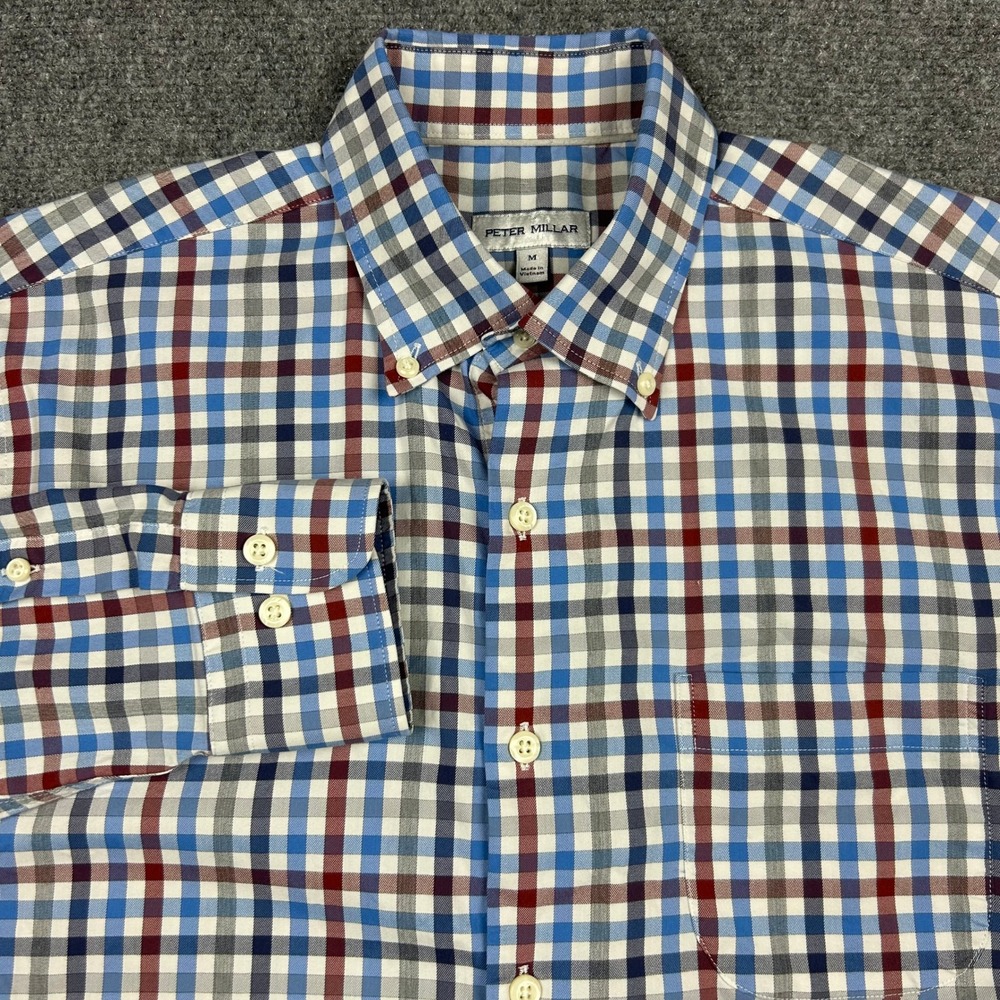 Peter Millar Button Down Shirt Mens M Blue Red Plaid Long Sleeve Cotton Regular